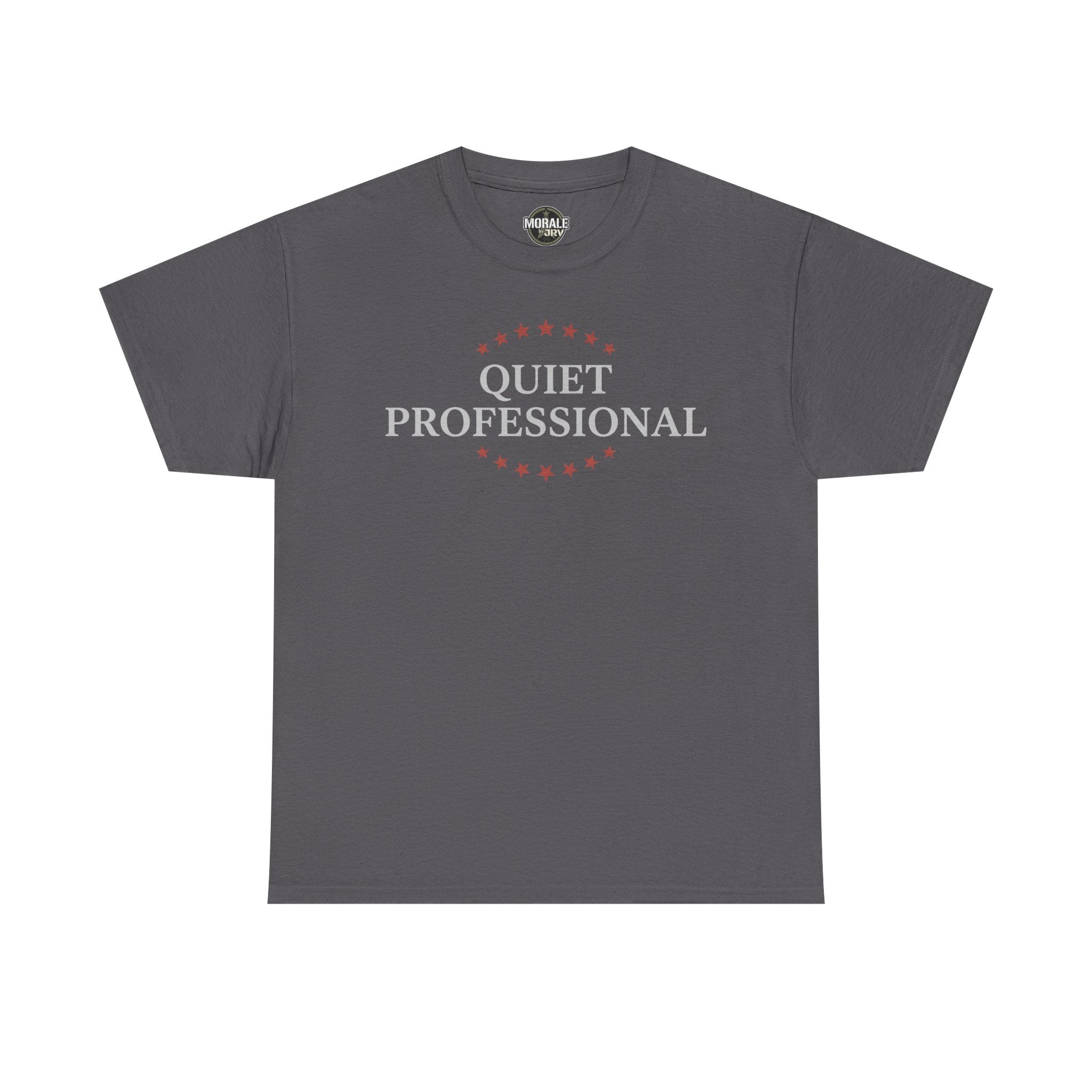 Charcoal minimalist graphic T-shirt with front wreath logo and 'Quiet Professional' text