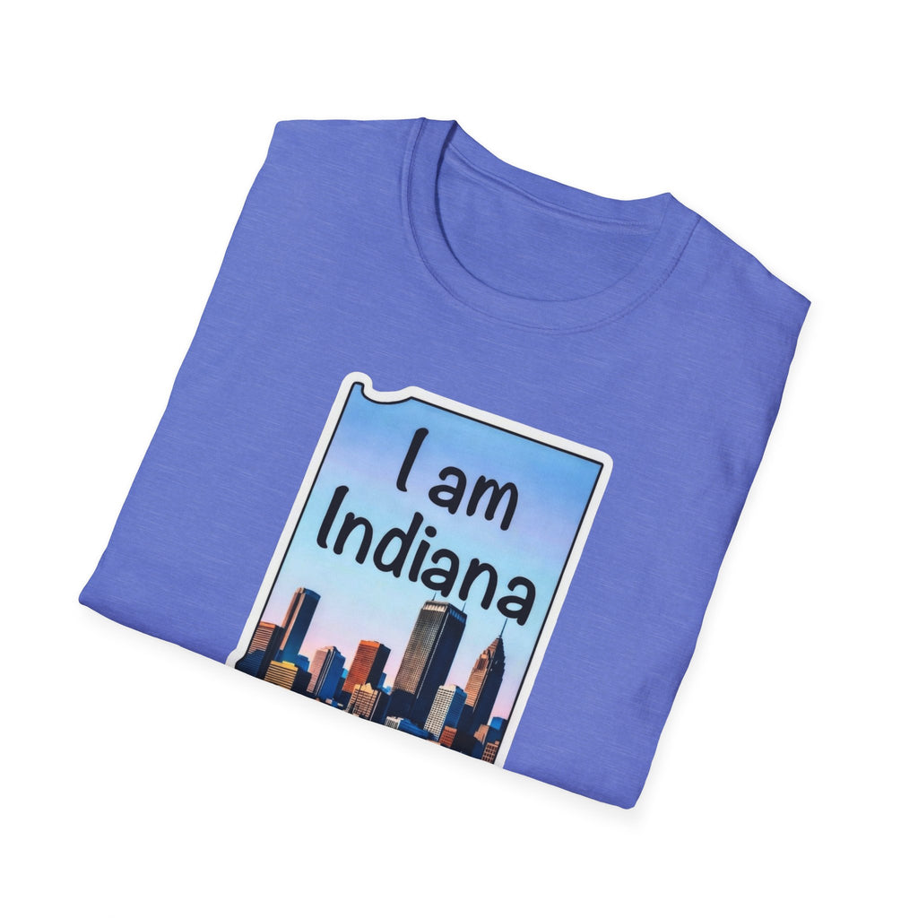 I am Indiana T-Shirt, heather purple front with 'I am Indiana' skyline design