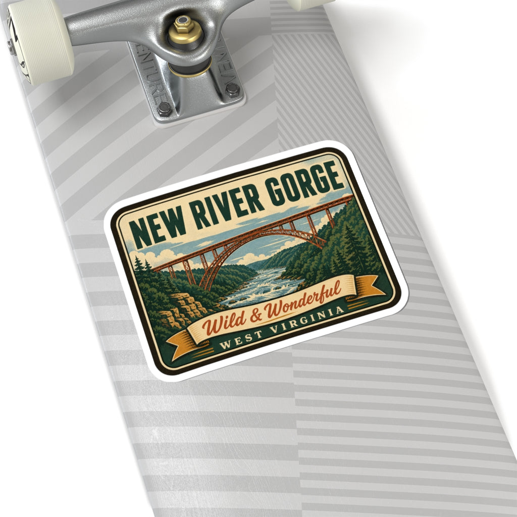 Travel sticker on gray striped clipboard: New River Gorge bridge with Wild & Wonderful West Virginia
