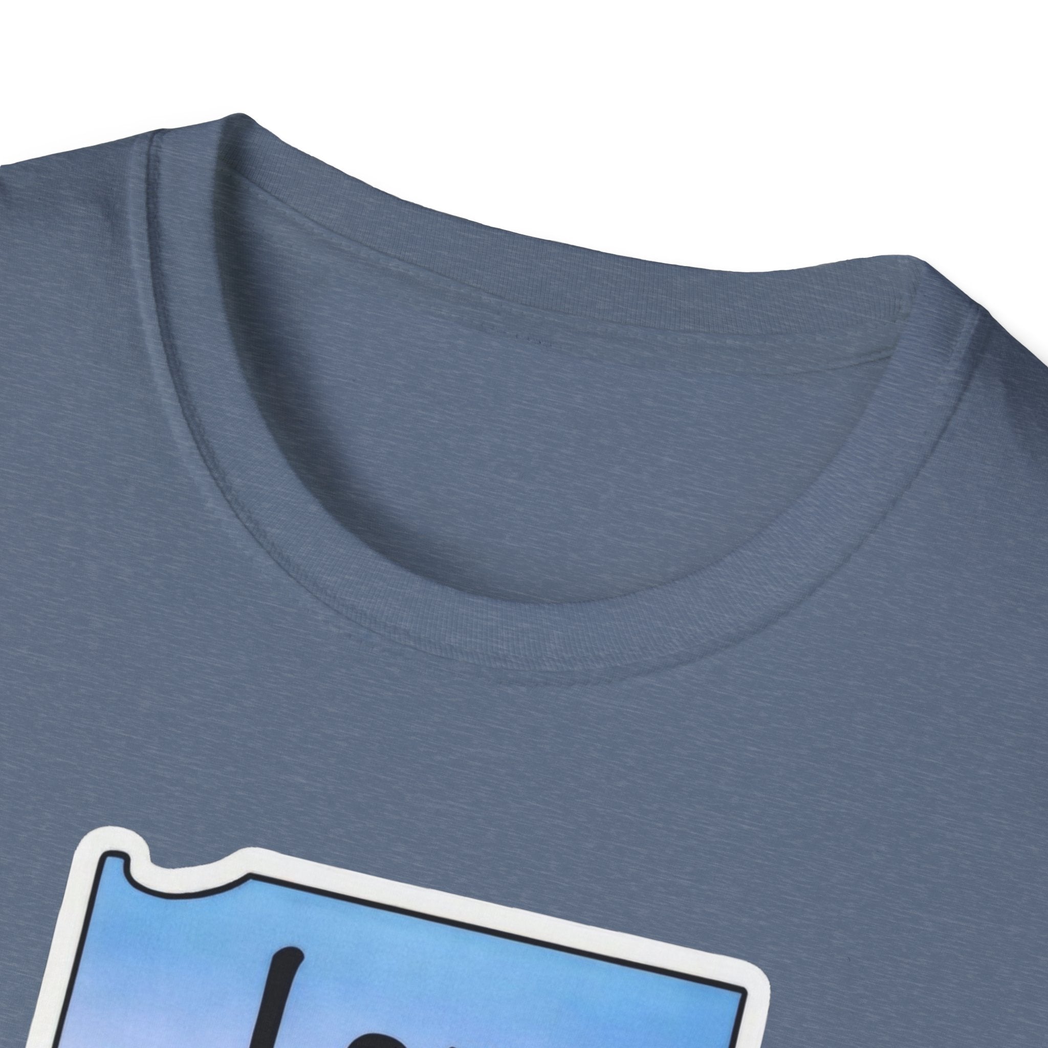 I am Indiana T-Shirt, heather blue neckline close-up with partial print