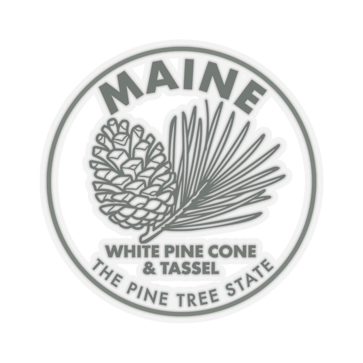 Transparent vinyl decal of circular Maine white pine cone and tassel state flower design