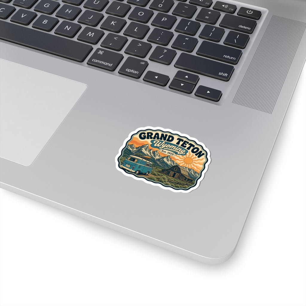 Grand Teton National Park vintage camper kiss-cut sticker with mountain and lake art