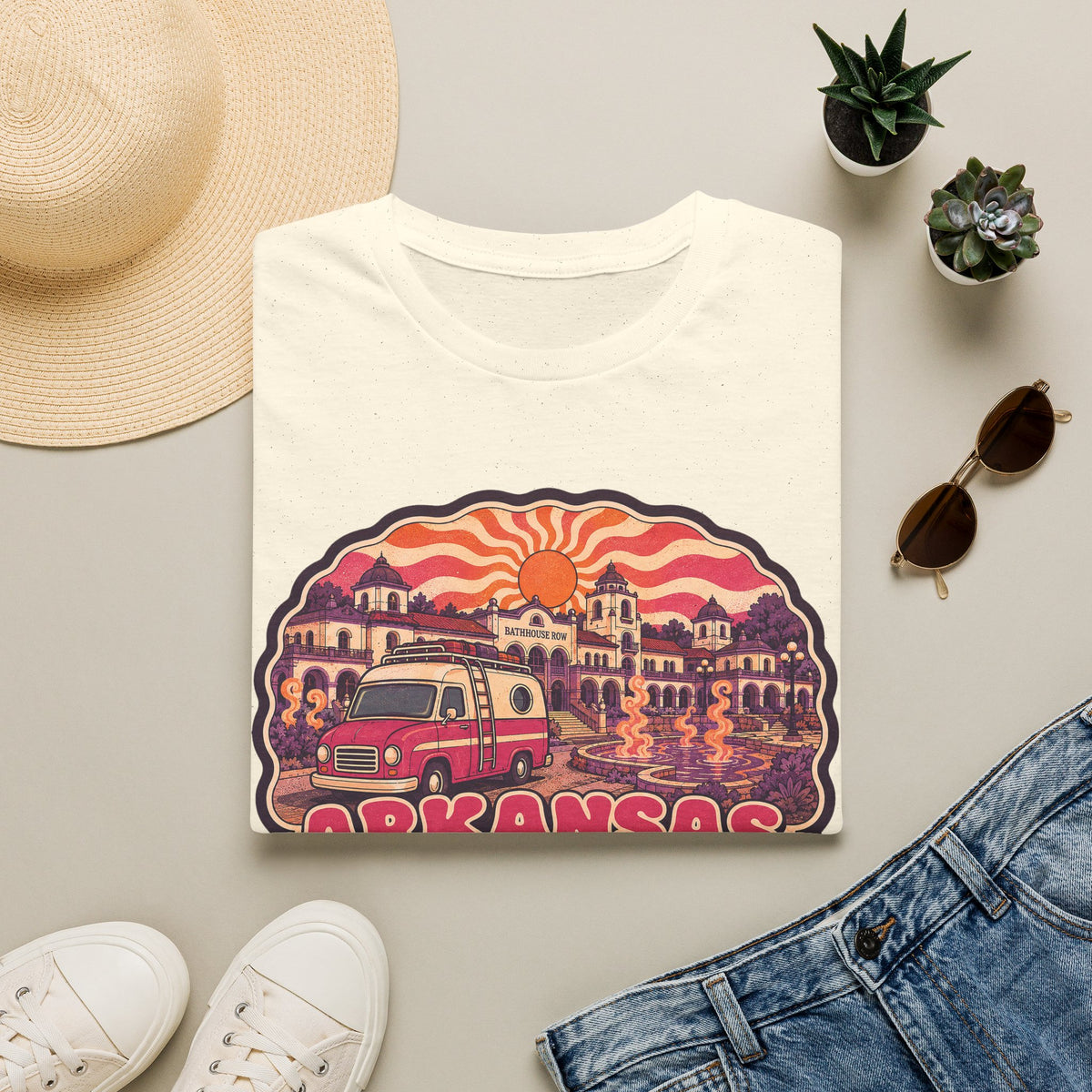 Natural unisex T-shirt with retro camper and sunset graphic print on the chest.