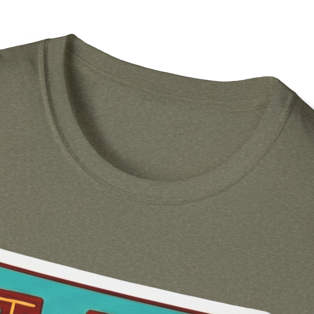 New Mexico pride T-shirt, olive crew neck close-up