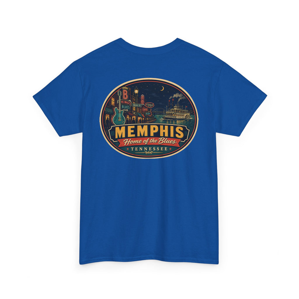 Royal blue crewneck T-shirt with Memphis luggage-tag skyline graphic logo