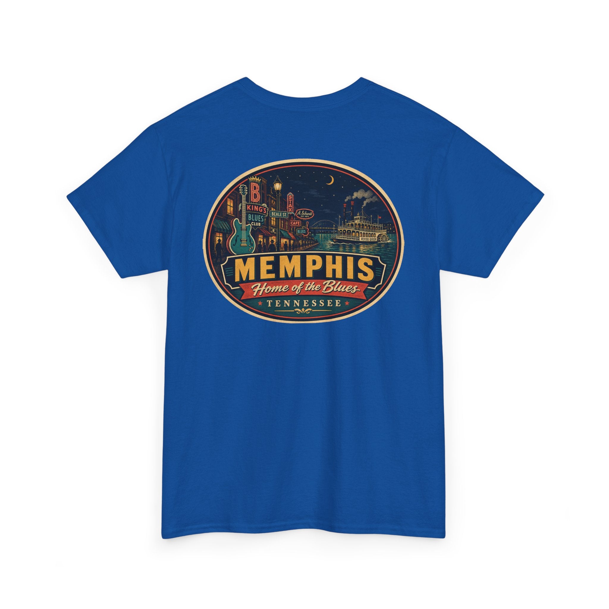 Royal blue crewneck T-shirt with Memphis luggage-tag skyline graphic logo
