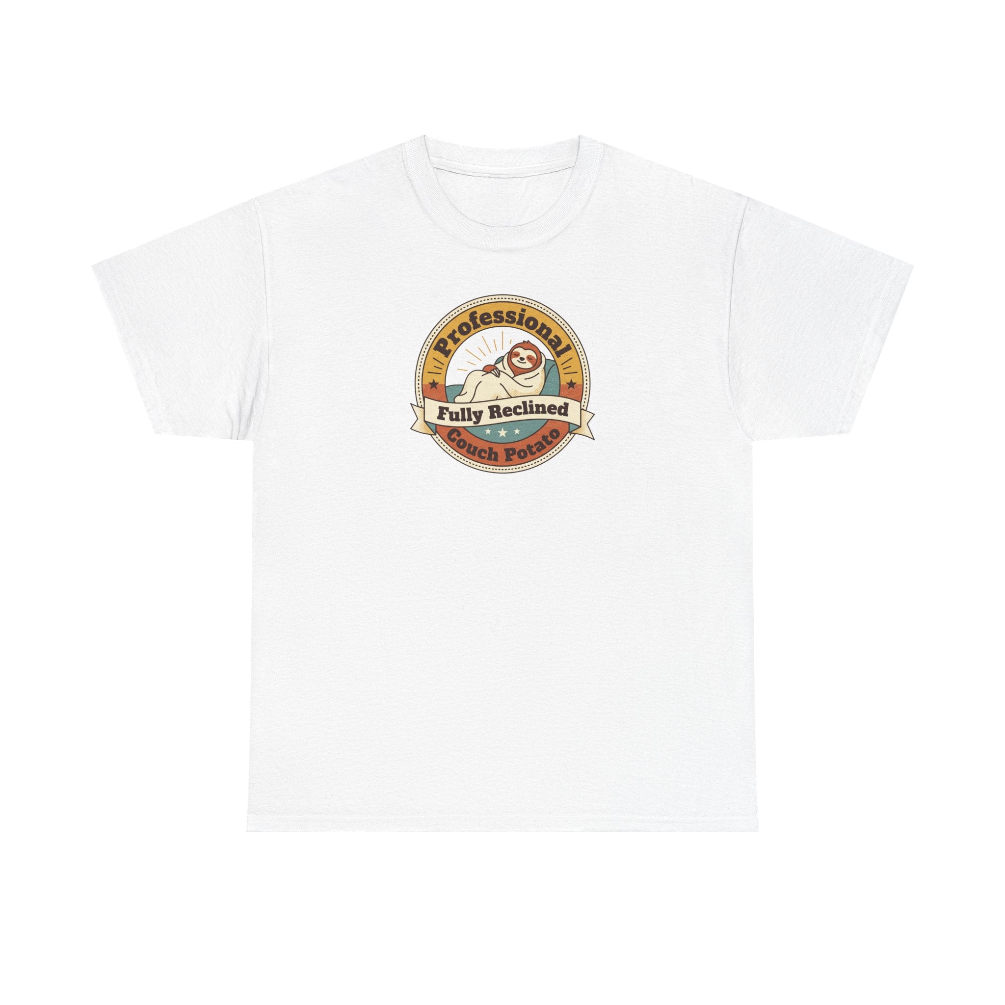 White T-shirt with circular sloth logo graphic on chest.