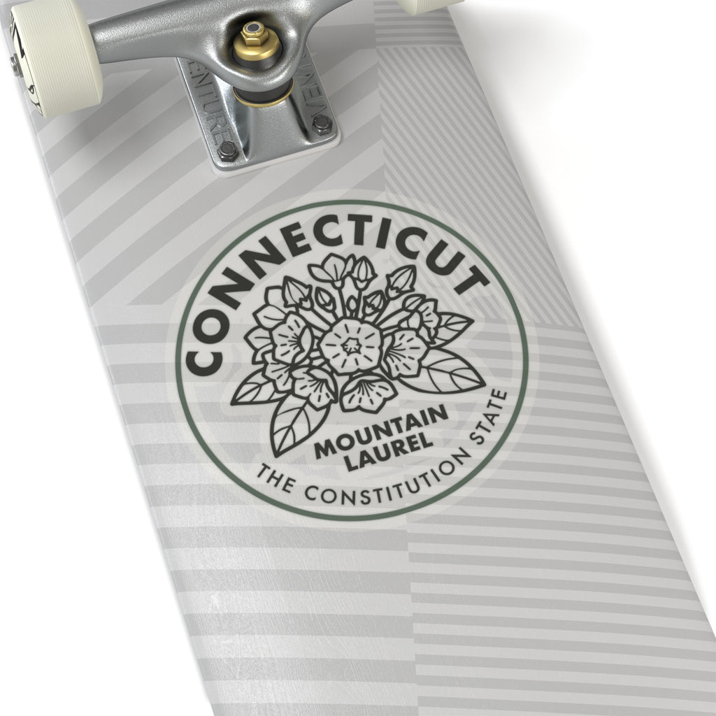 Transparent vinyl Connecticut Mountain Laurel seal sticker with floral wreath