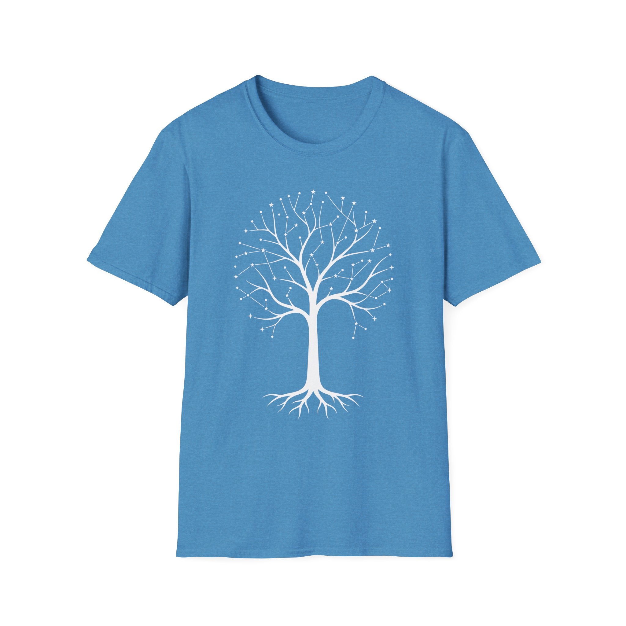 Camiseta azul con árbol de la vida en constelación y raíces botánicas blancas