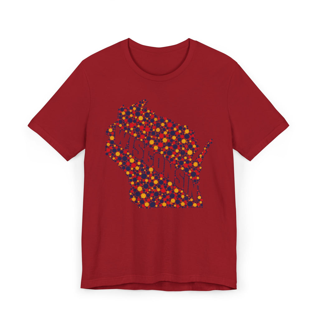 Red T-shirt with colorful dotted Wisconsin map floral graphic on the front