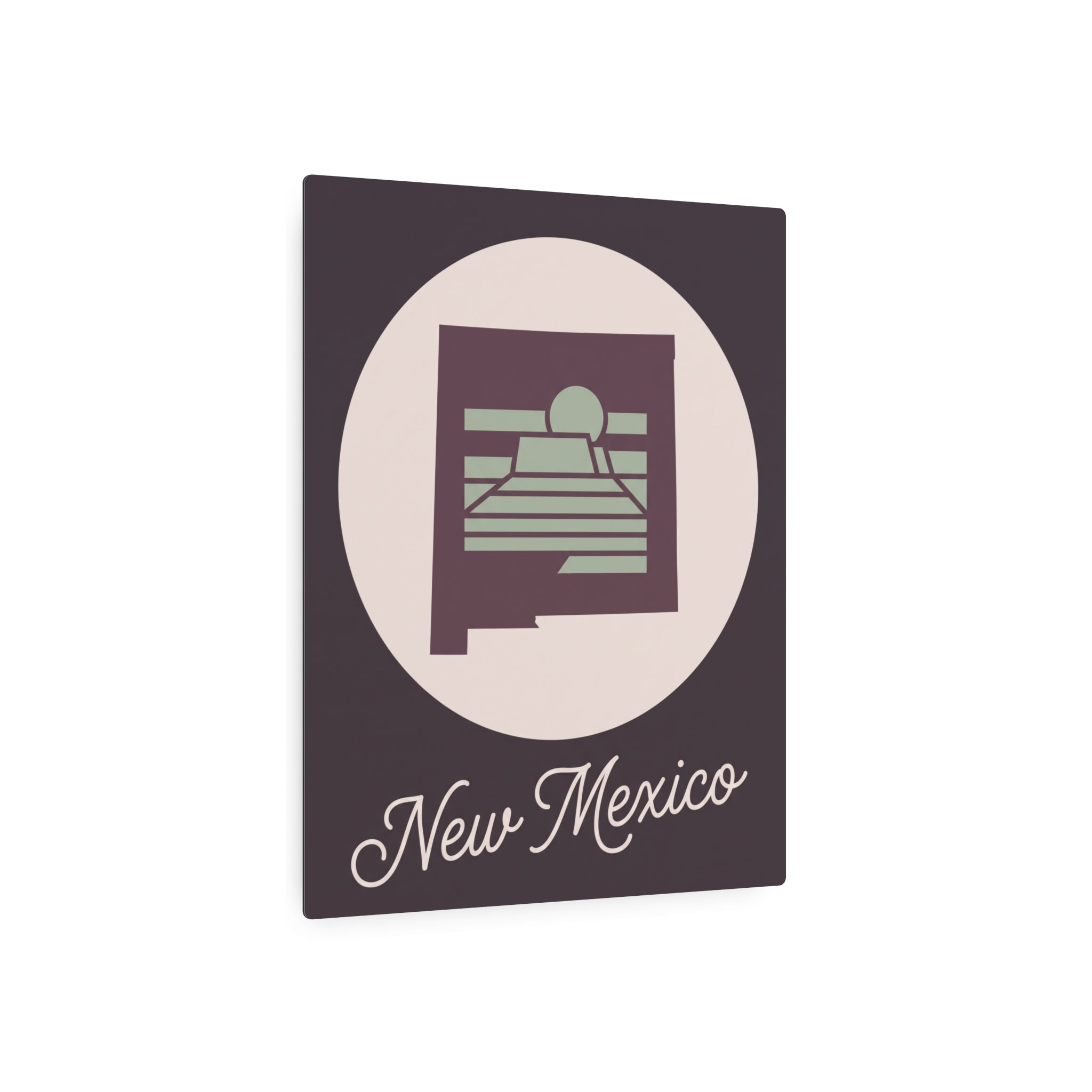 New Mexico metal wall art sign with emblem and cursive script, sage green accents