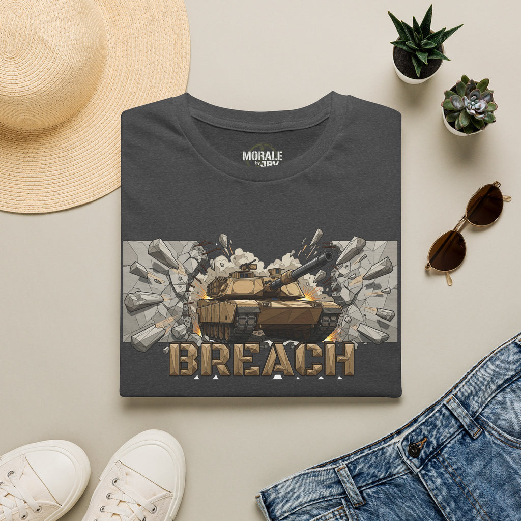 Dark gray tactical helmet graphic T-shirt with 'BREACH' front print