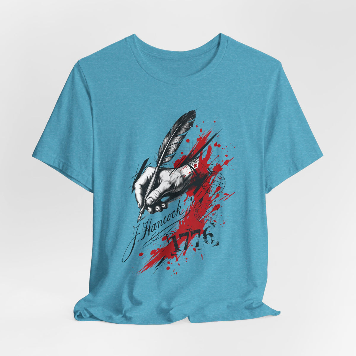 Light blue crew-neck T-shirt with quill pen, white glove, and red splatter graphic