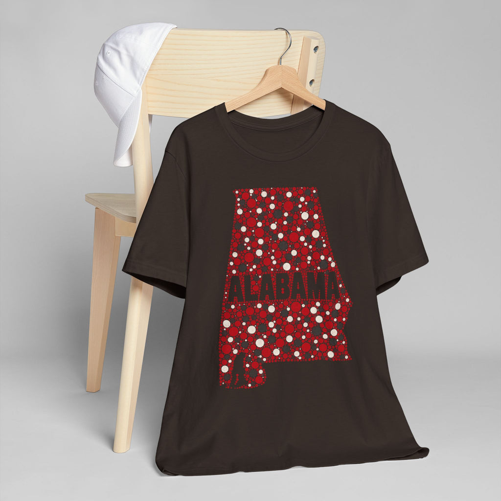 Black crew-neck T-shirt with red Alabama floral state outline graphic