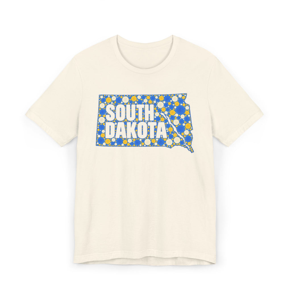 Light cream crewneck T-shirt with blue and yellow South Dakota polka-dot map graphic.
