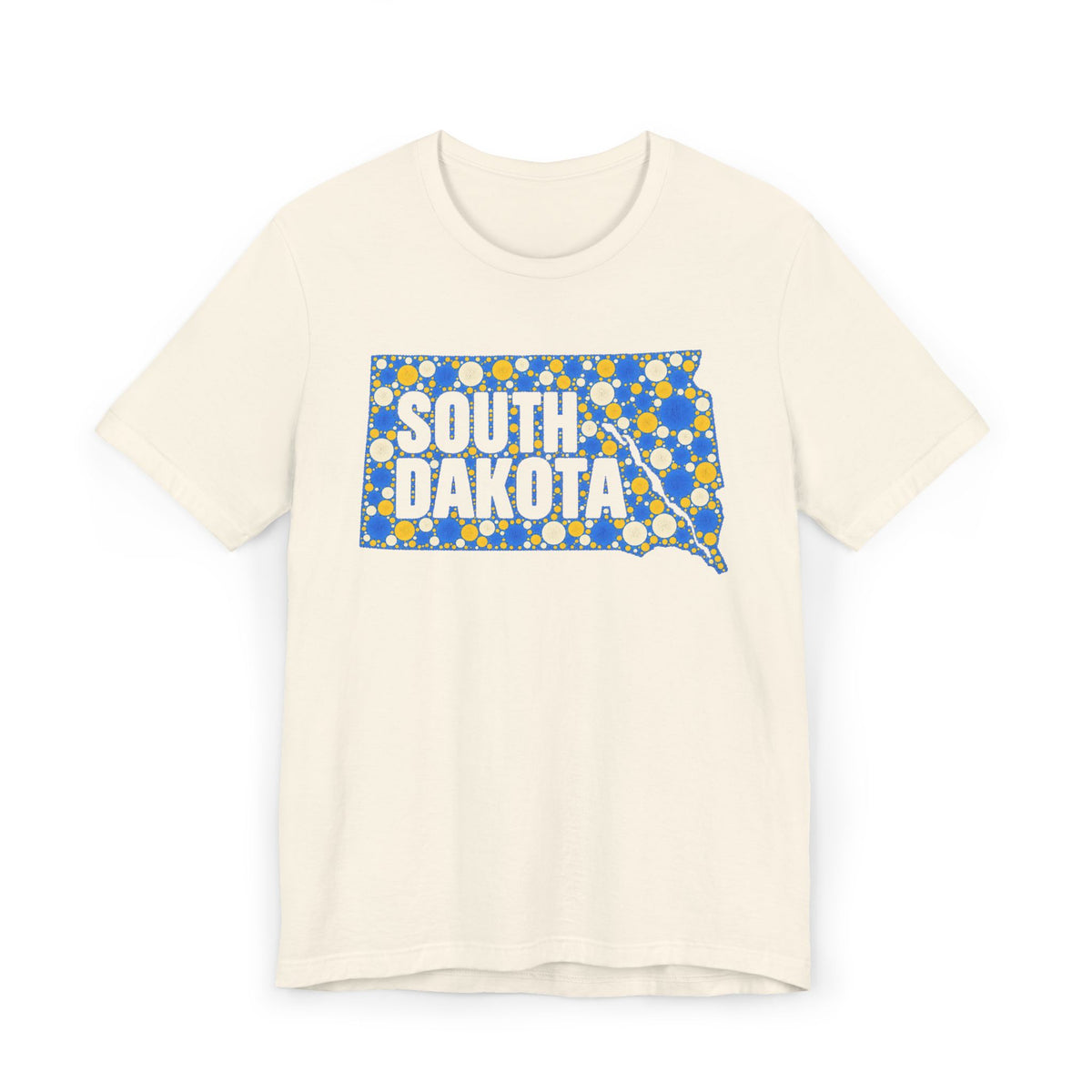 Light cream crewneck T-shirt with blue and yellow South Dakota polka-dot map graphic.