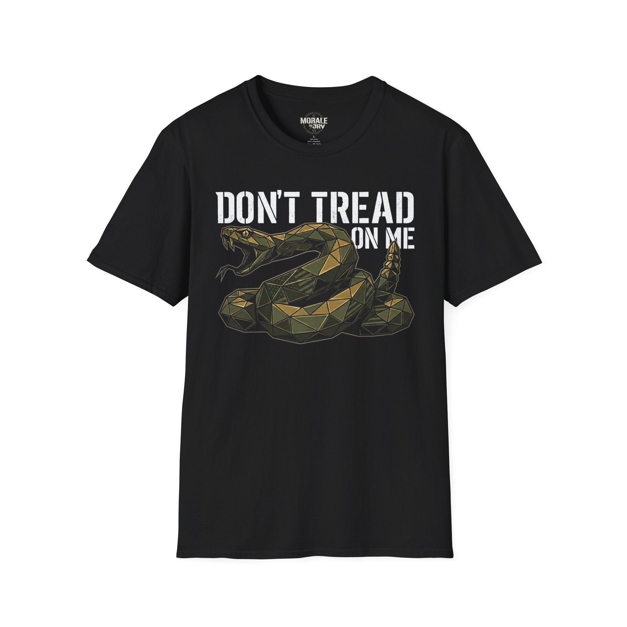 Black T-shirt with coiled rattlesnake graphic and "DON’T TREAD ON ME" lettering
