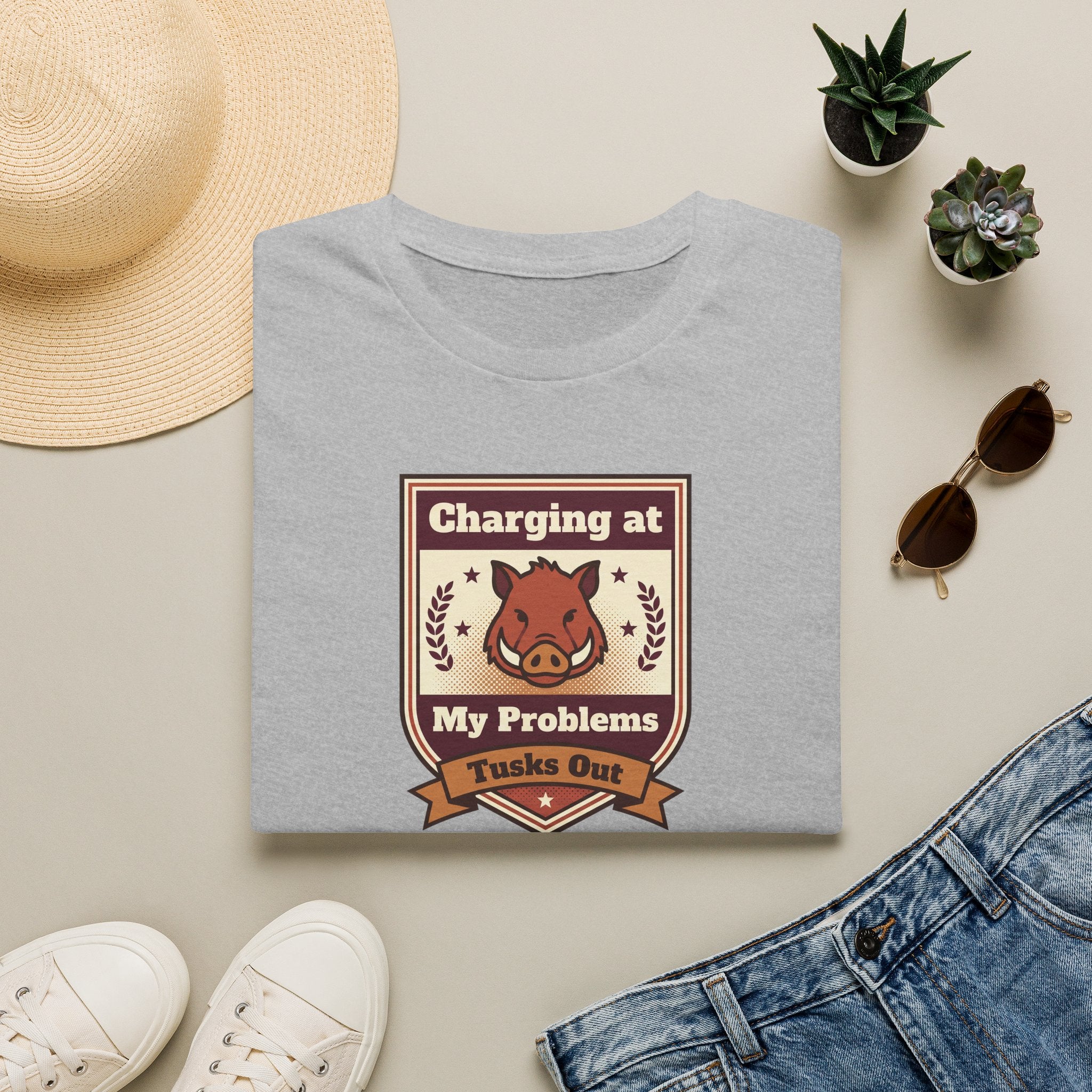 Light gray crew-neck T-shirt with charging wild boar crest graphic