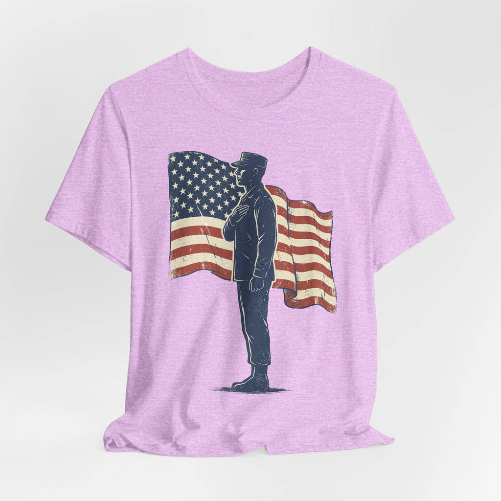 Lilac crew-neck T-shirt with saluting soldier and waving American flag print