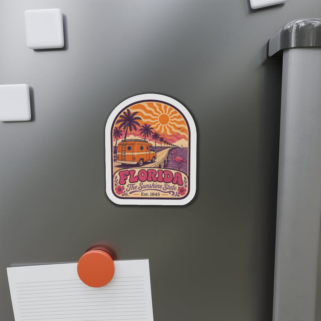 Florida die-cut magnet displayed on a stainless refrigerator