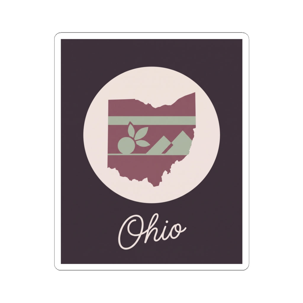 Ohio state kiss-cut decal with floral stripe map and “Ohio” script on dark background