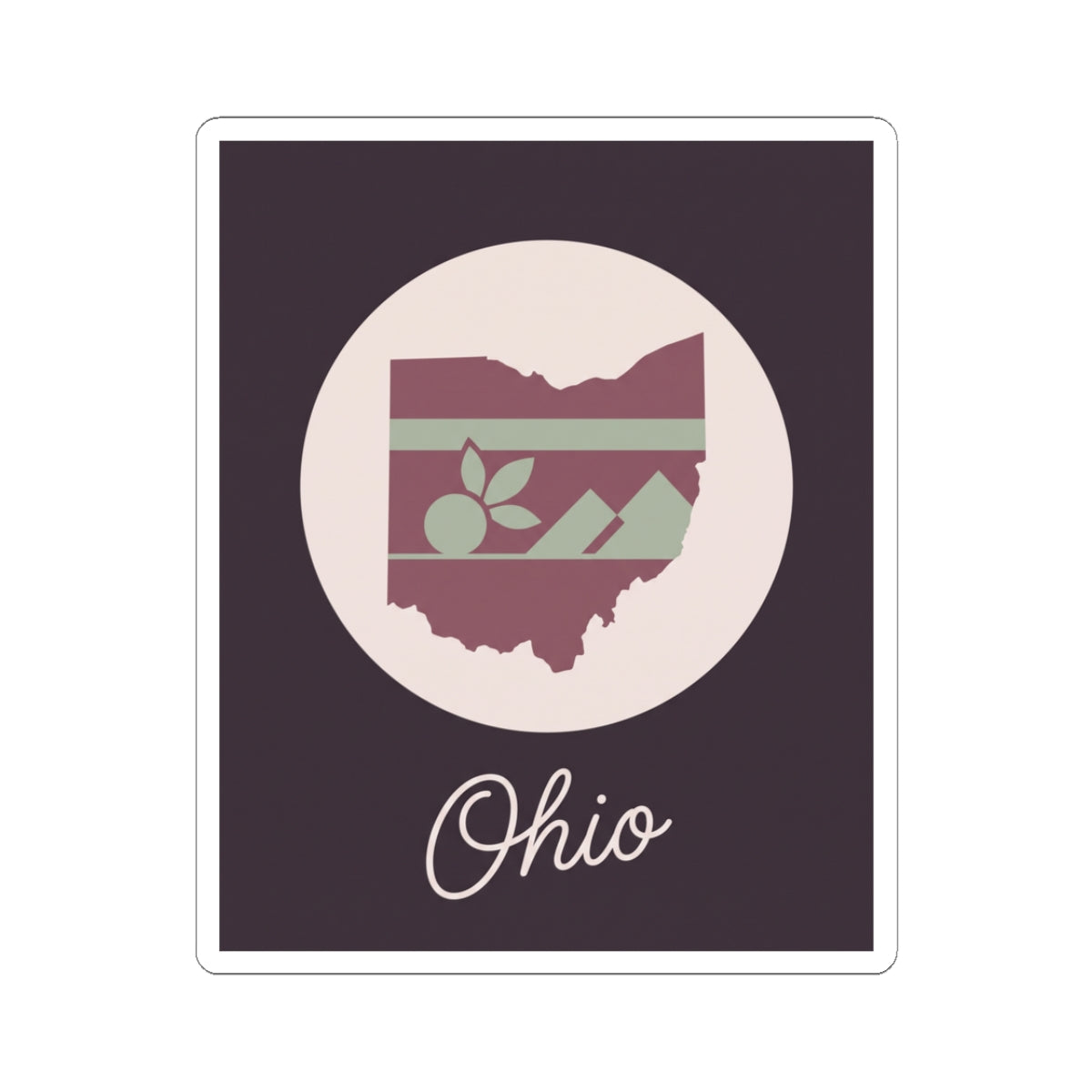 Ohio state kiss-cut decal with floral stripe map and “Ohio” script on dark background