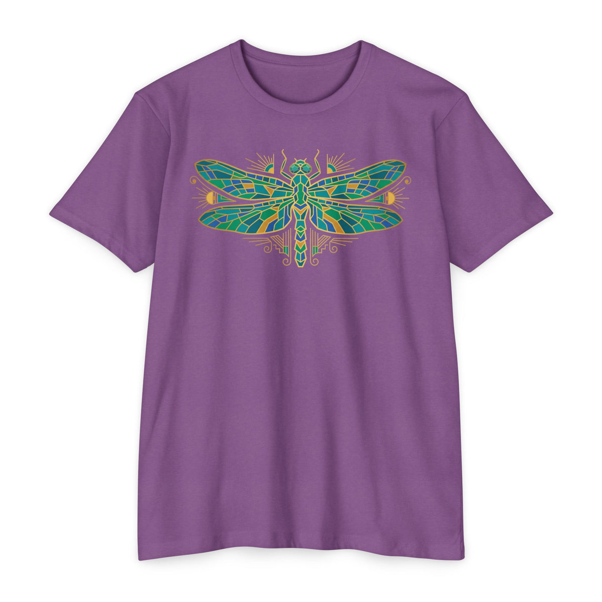 Purple dragonfly graphic T-shirt with colorful mosaic insect design at center