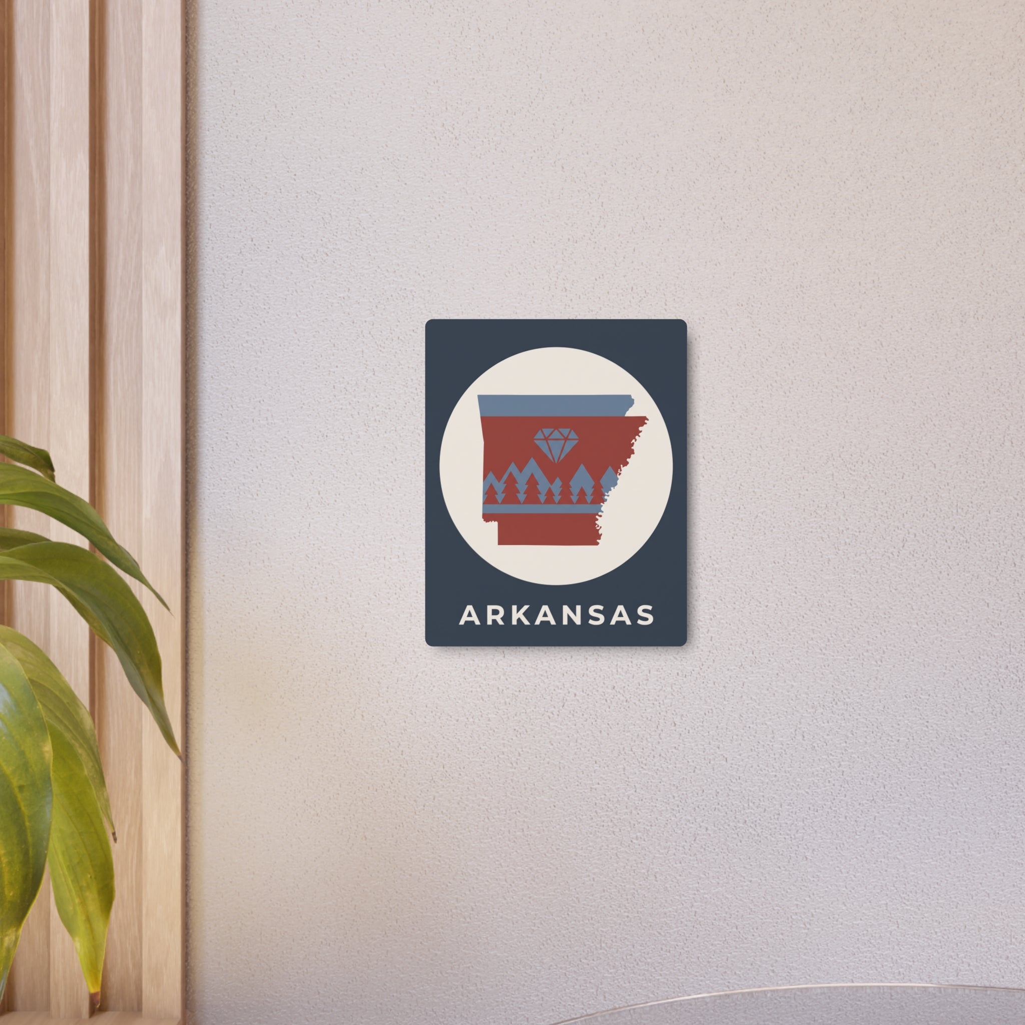 Arkansas metal art wall sign, dark blue square with circular state graphic and “ARKANSAS”