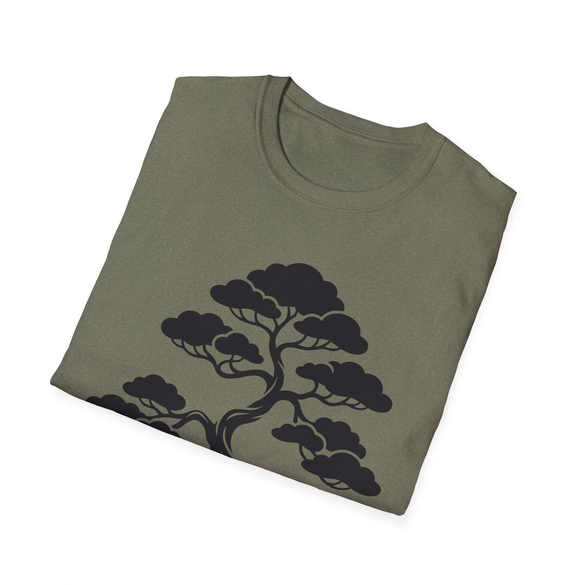 Dark green T-shirt with black bonsai tree silhouette graphic on front