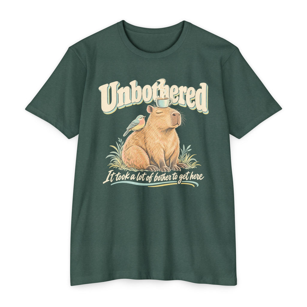 Dark green T-shirt with unbothered capybara holding a coffee cup graphic