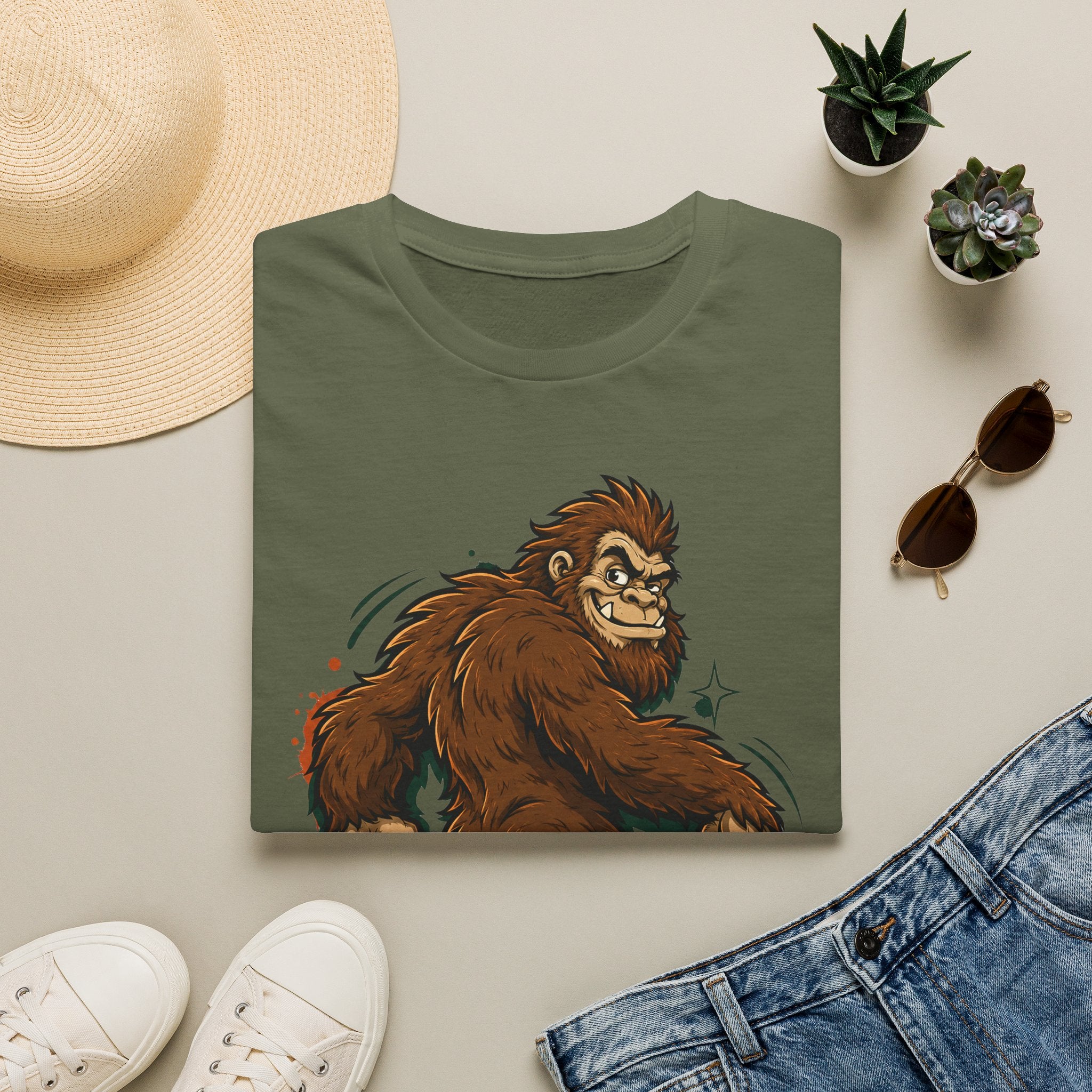 Olive green crewneck T-shirt with brown smirking sasquatch graphic and star accents