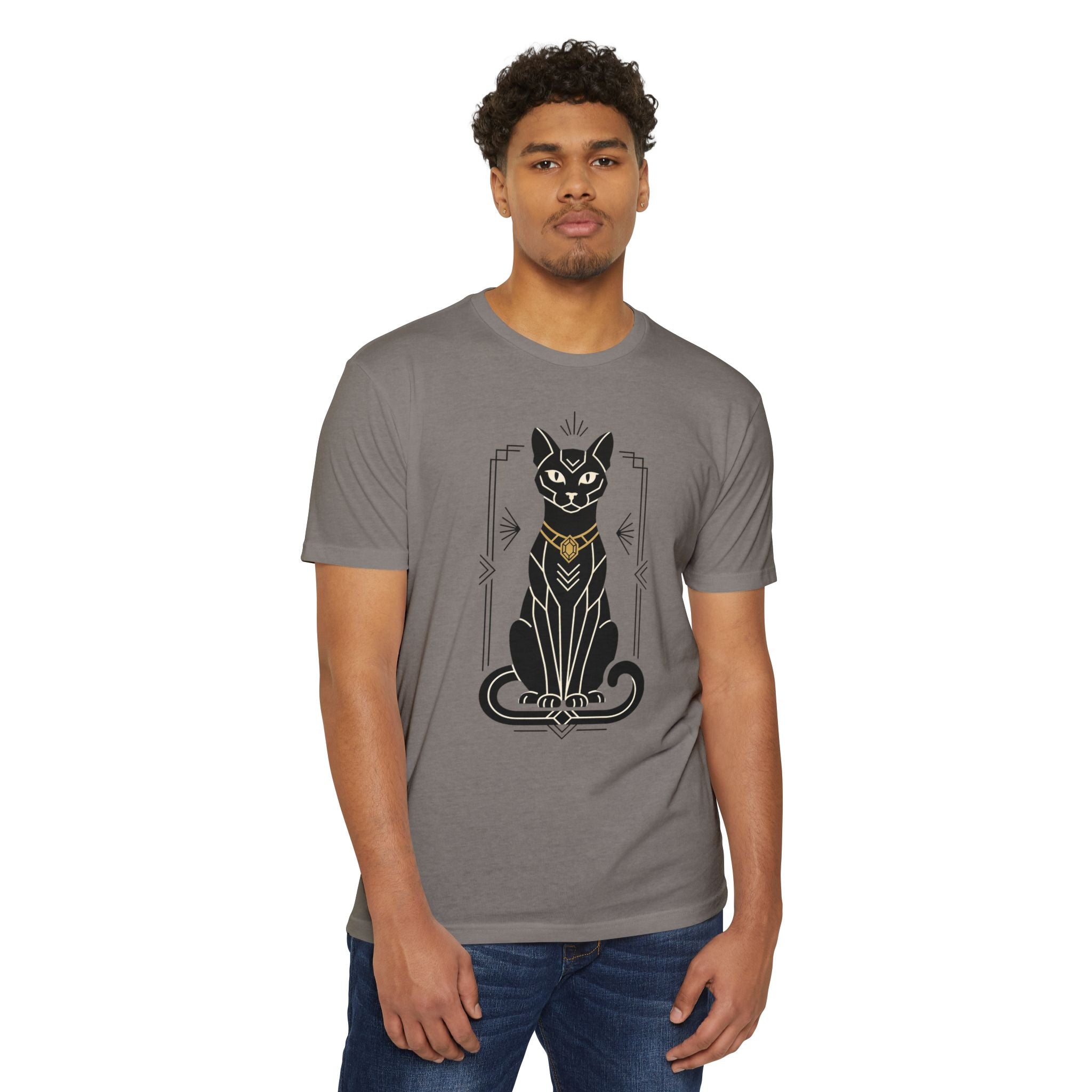 Gray cat illustration graphic T-shirt with Art Deco-style Egyptian cat design at center front