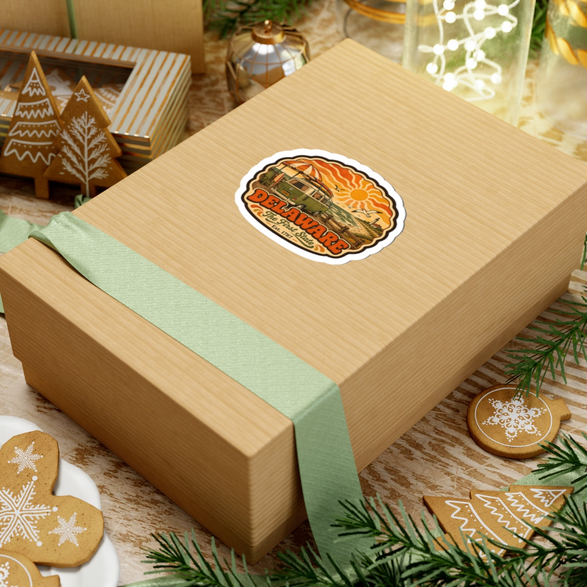 Delaware oval sticker on a gift box lid with vintage van beach design and orange sun