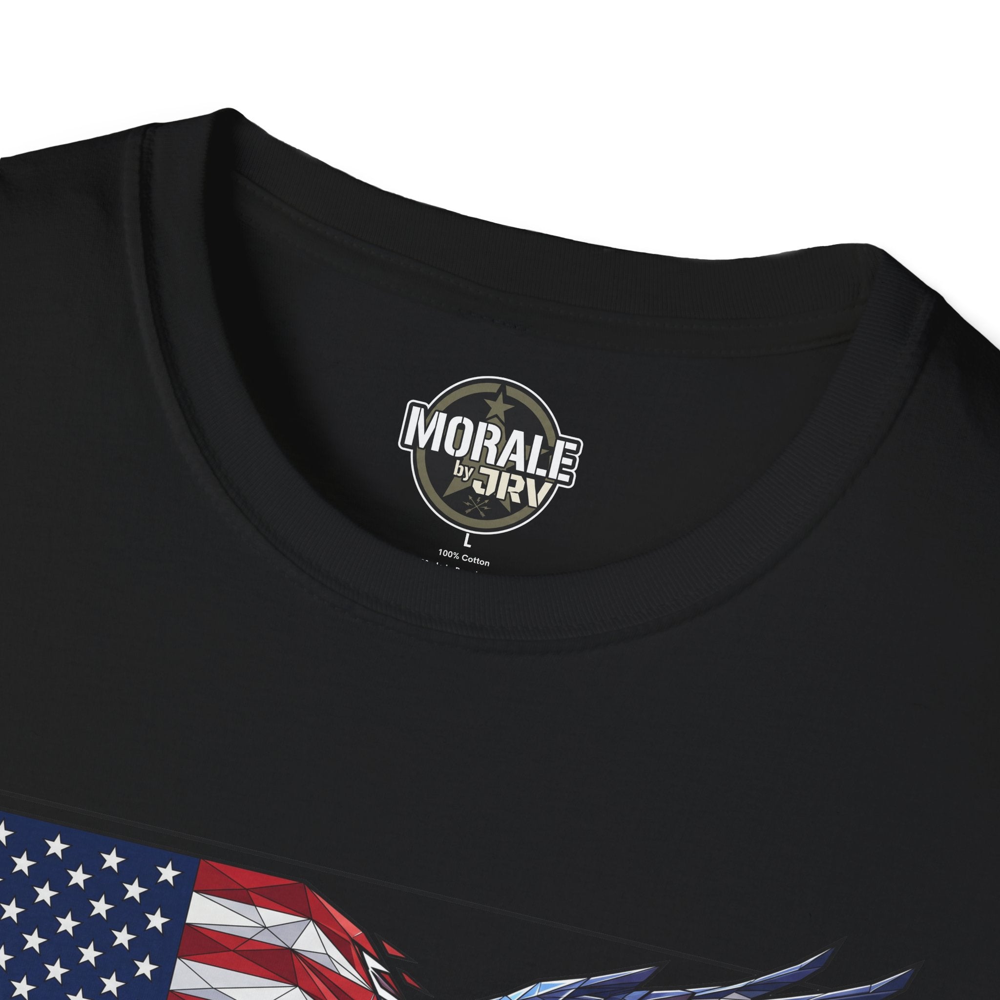 Black T-shirt neckline with “Morale by Ari…” logo above the graphic