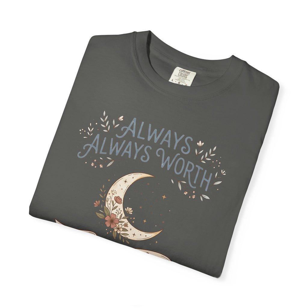 T-shirt in dark gray with moon and “ALWAYS WORTH” floral text graphic on front.