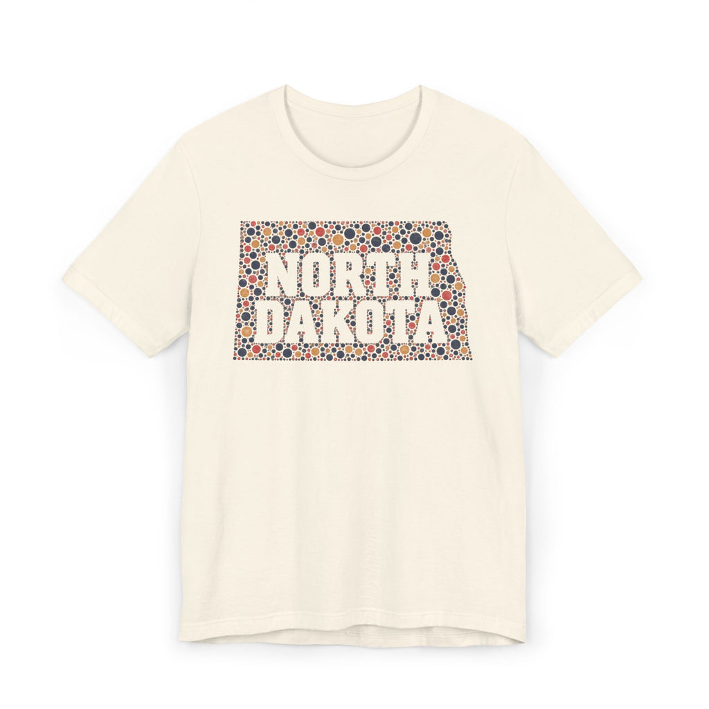 Cream T-shirt with colorful "North Dakota" floral map graphic on front