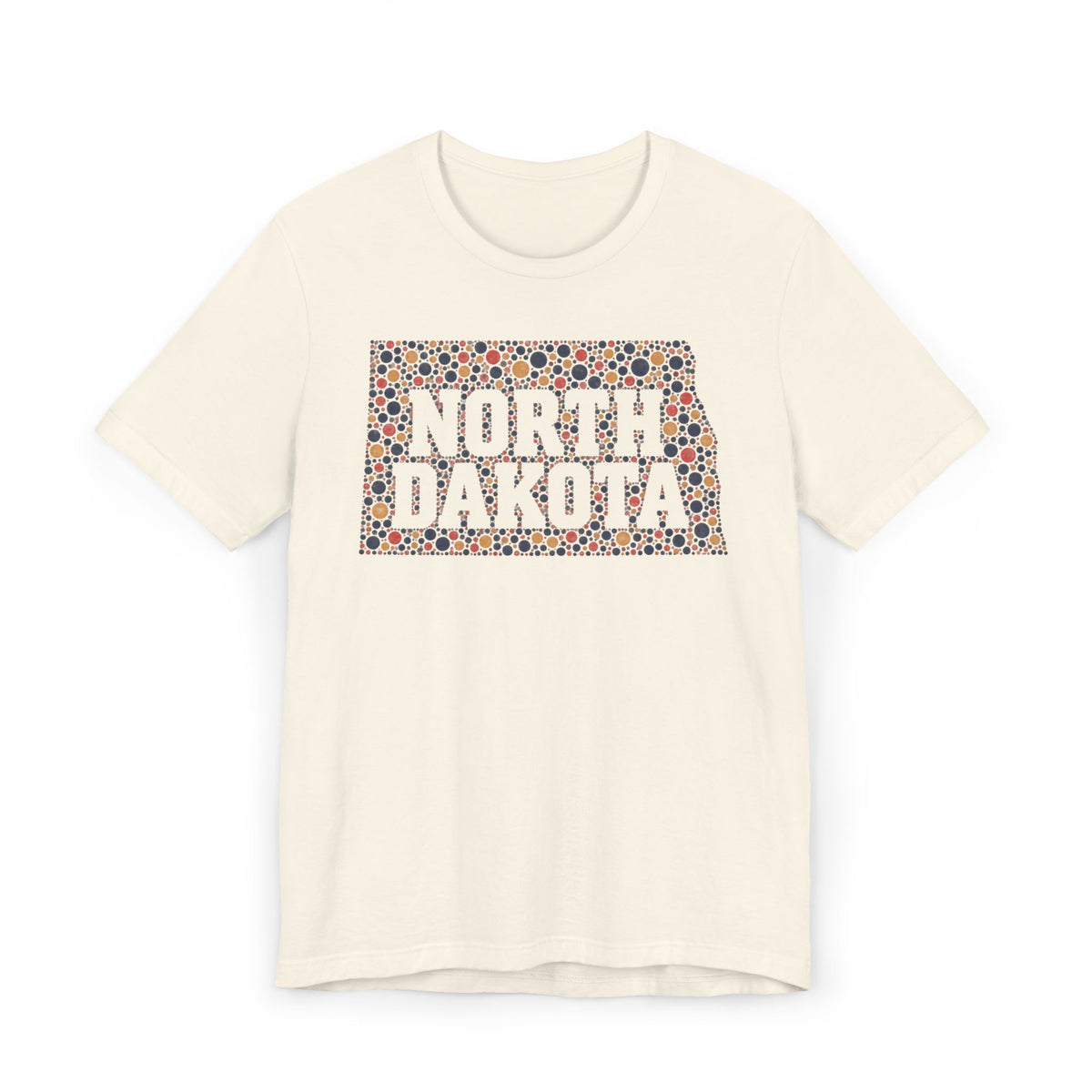 Cream T-shirt with colorful "North Dakota" floral map graphic on front