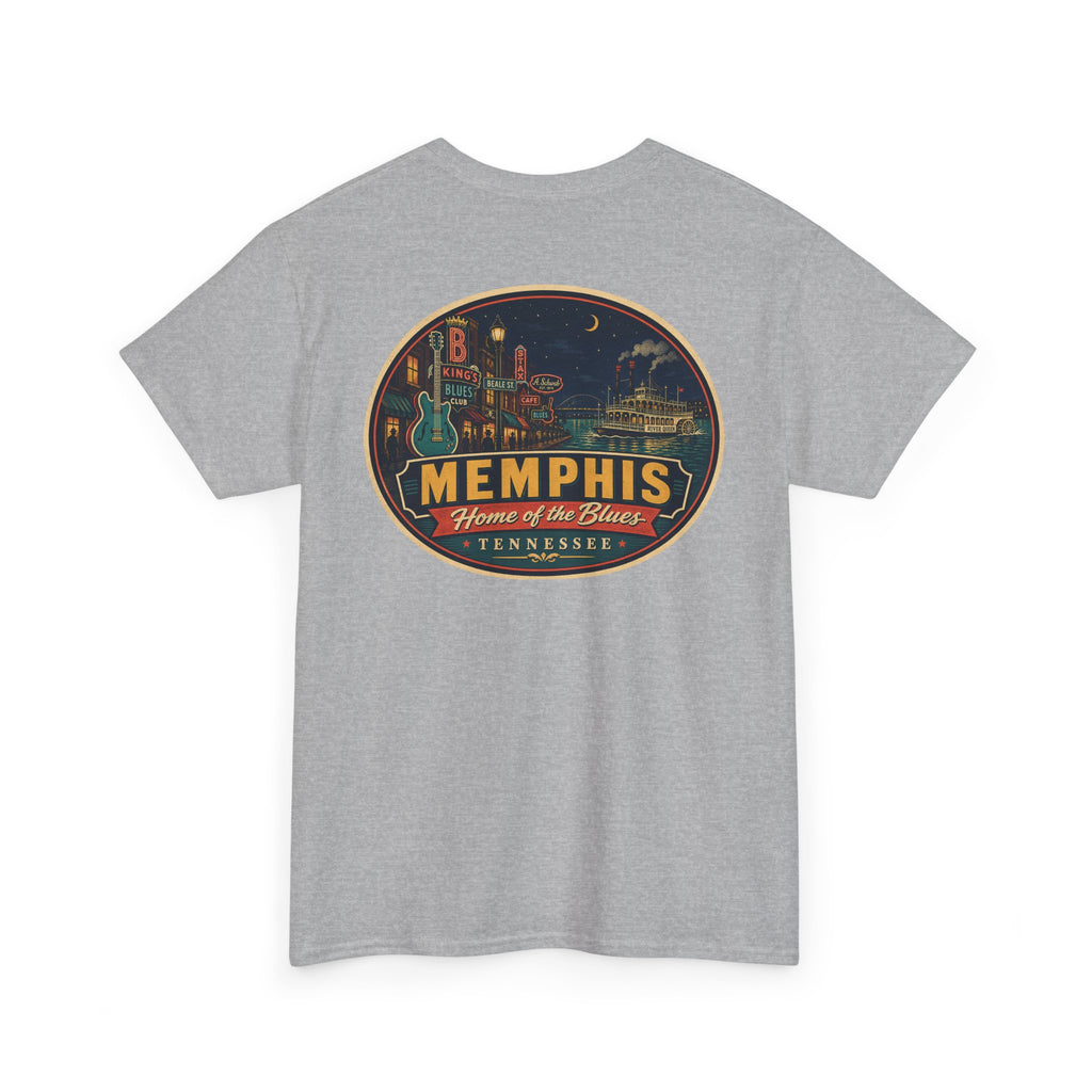 Heather gray crewneck T-shirt with Memphis luggage-tag skyline graphic logo