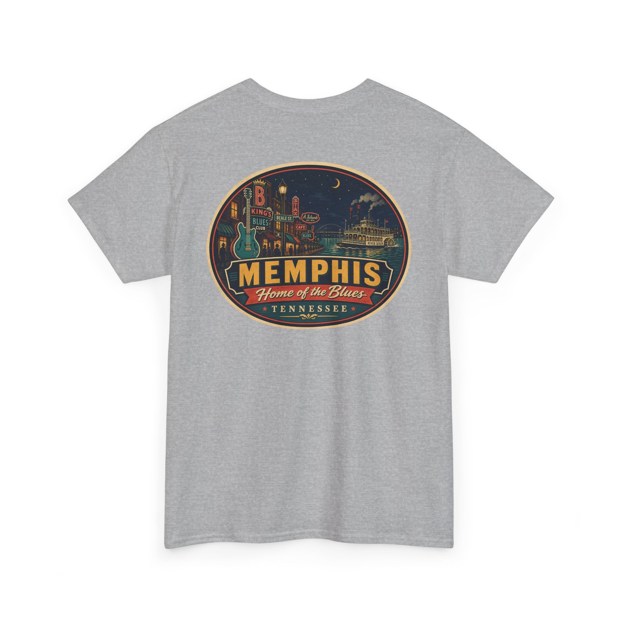 Heather gray crewneck T-shirt with Memphis luggage-tag skyline graphic logo