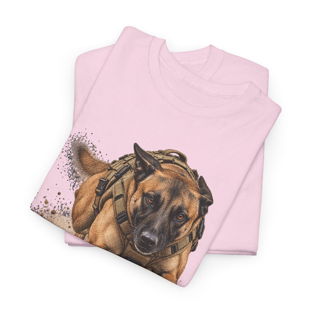 Light pink tactical working dog graphic T-shirt with Belgian Malinois face and headset