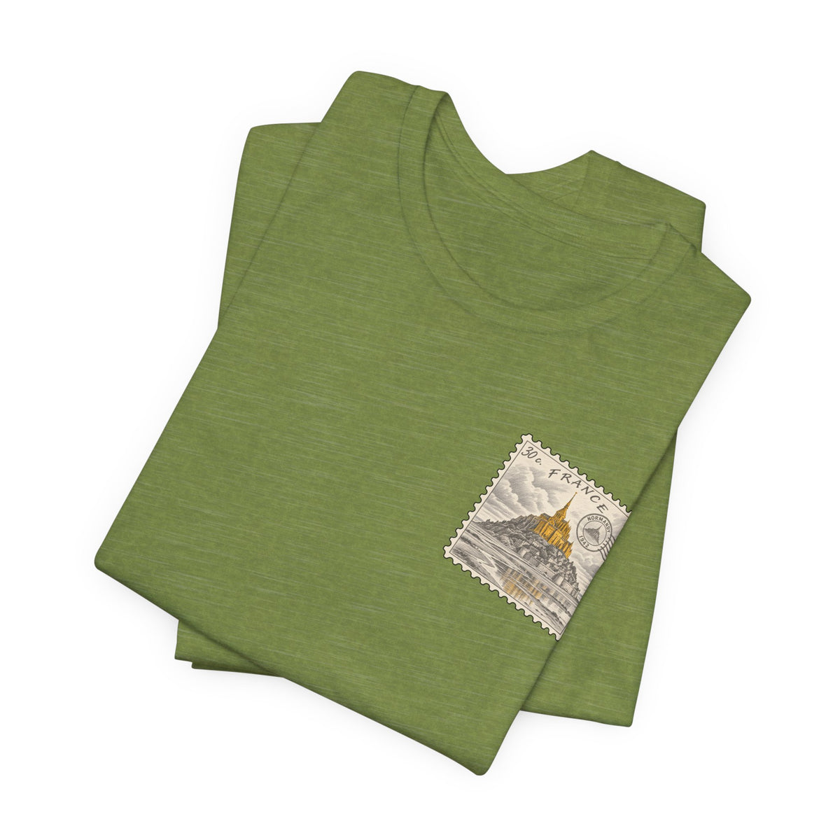 Green crew neck T-shirt with small postage-stamp style Mont Saint-Michel graphic on chest
