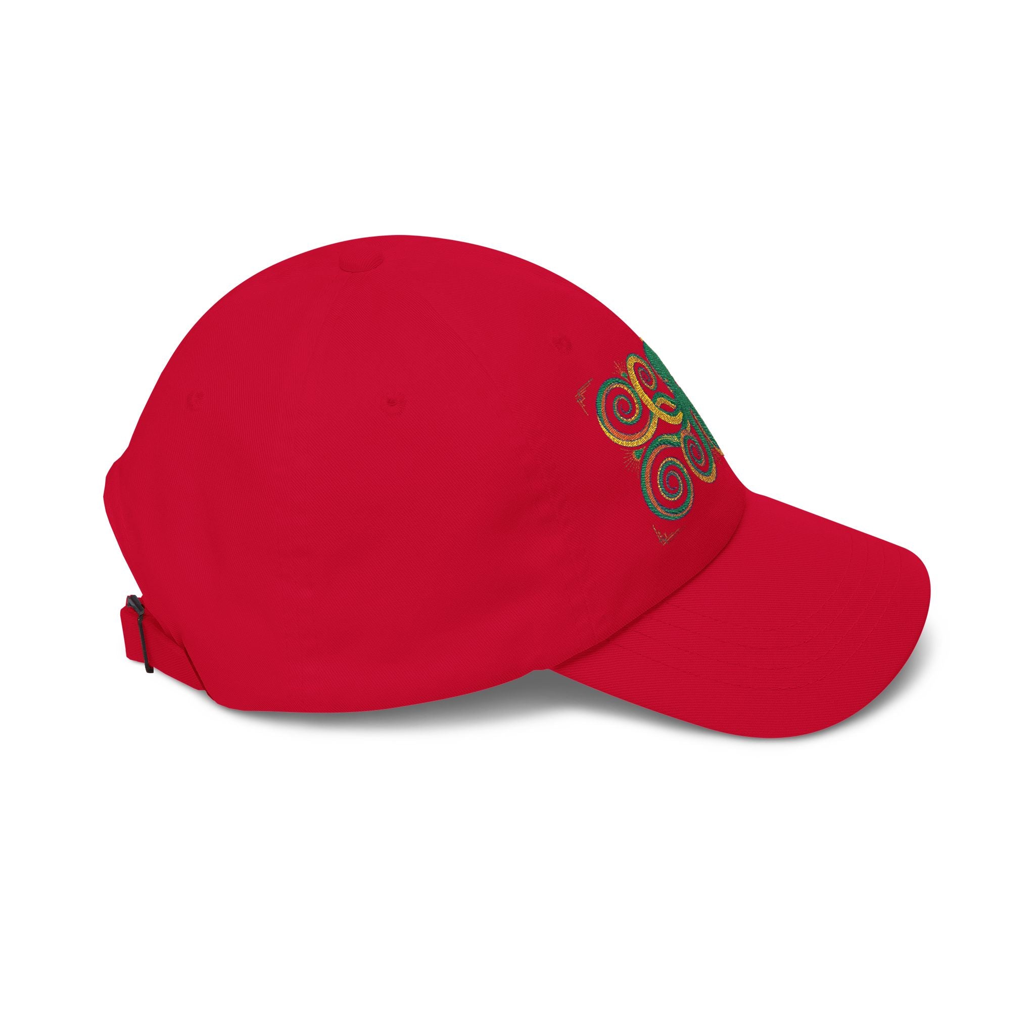 Red baseball cap with green-and-gold embroidered swirl on front side