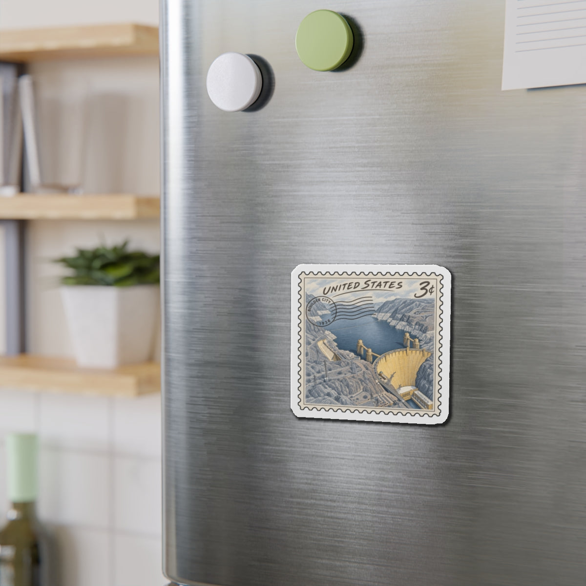 Die-cut magnet on stainless refrigerator, vintage U.S. postage stamp showing Hoover Dam in blue