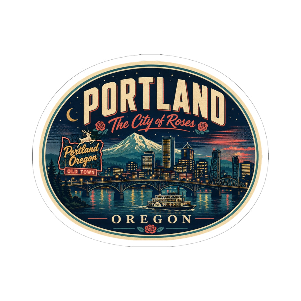 Round PORTLAND luggage tag sticker with bridge skyline illustration and night color palette