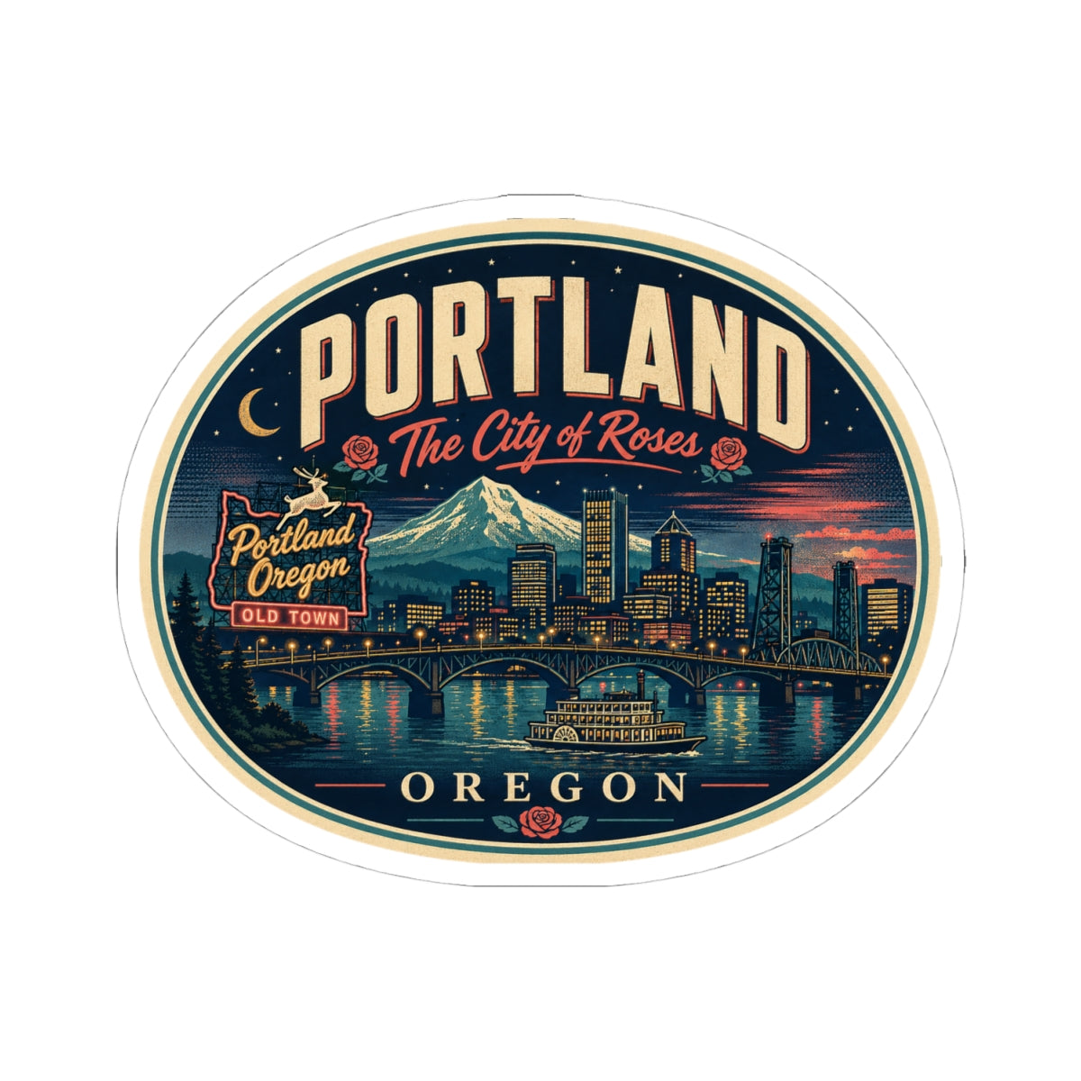 Round PORTLAND luggage tag sticker with bridge skyline illustration and night color palette
