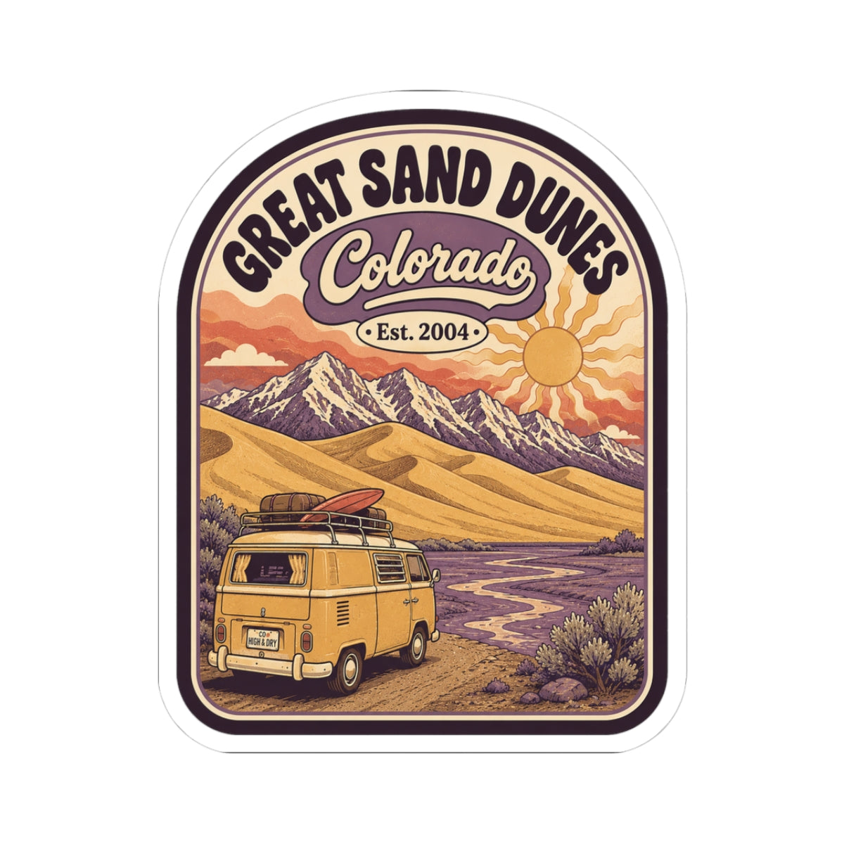 Kiss-cut Great Sand Dunes Colorado sticker with vintage camper and desert dunes art, Est. 2004