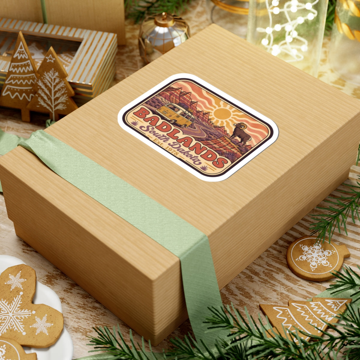 Kiss-cut sticker on gift box: camper van, bighorn sheep, desert sun waves, Badlands text
