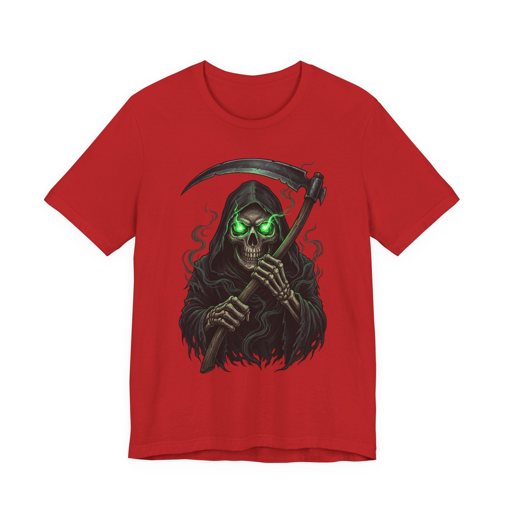 Red unisex T-shirt with glowing green-eyed skull holding a scythe graphic