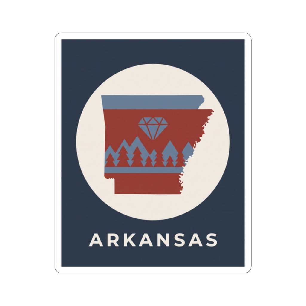 Arkansas emblem sticker with diamond and pine tree silhouettes, blue/red design and ARKANSAS