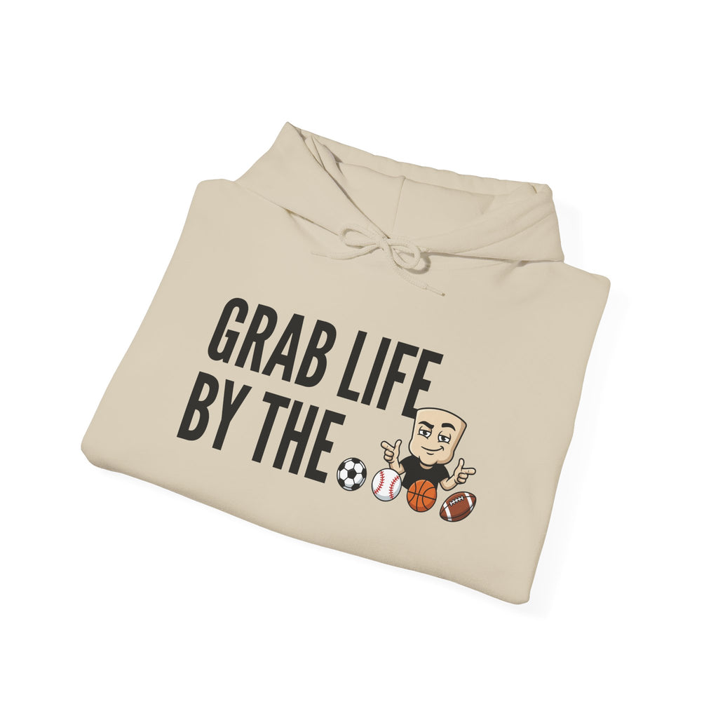 Cream hoodie with front "GRAB LIFE" sports graphic and drawstring hood